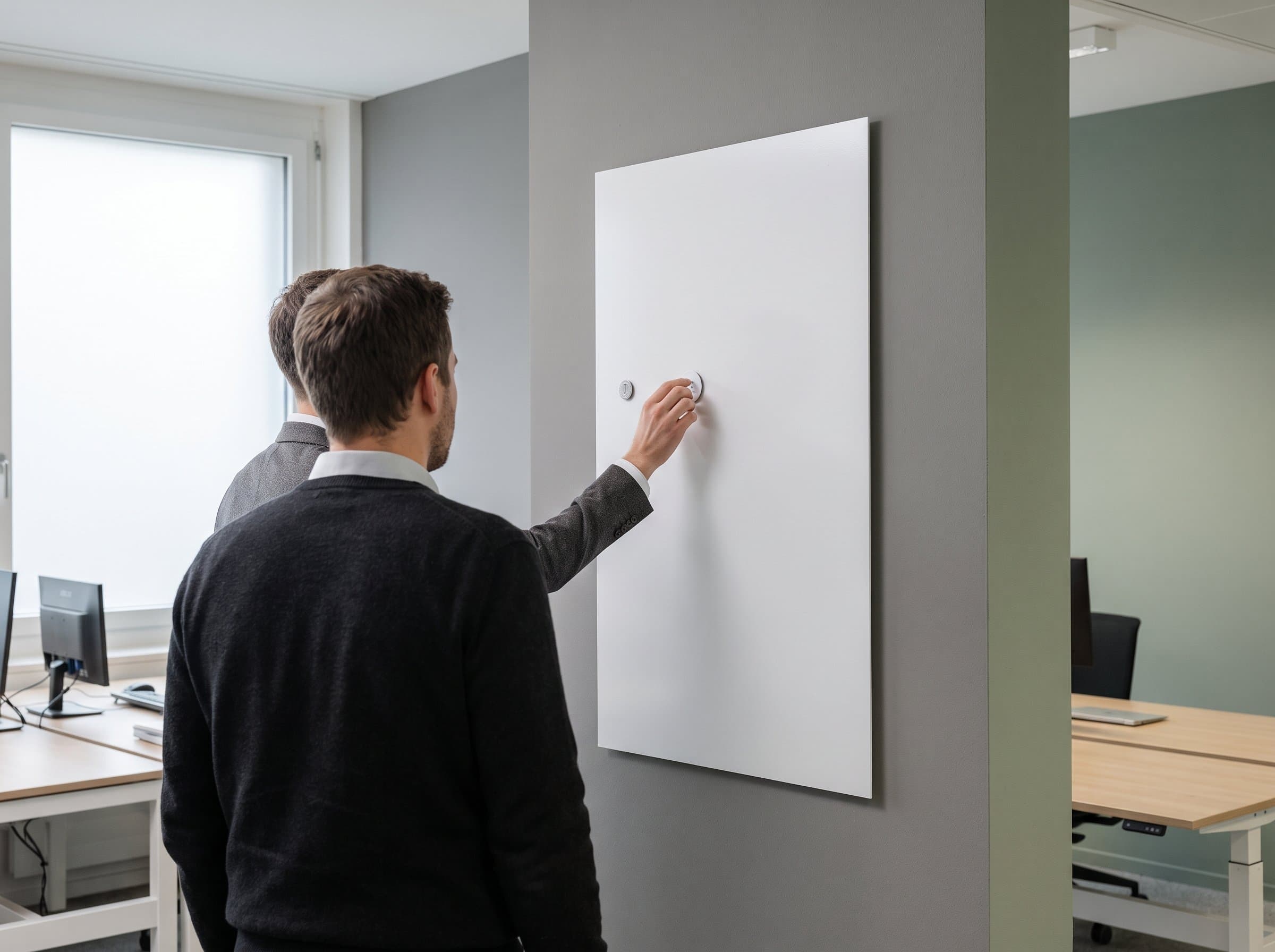Eine Magnettafel an heller Bürowand, leere Karten in einer Reihe