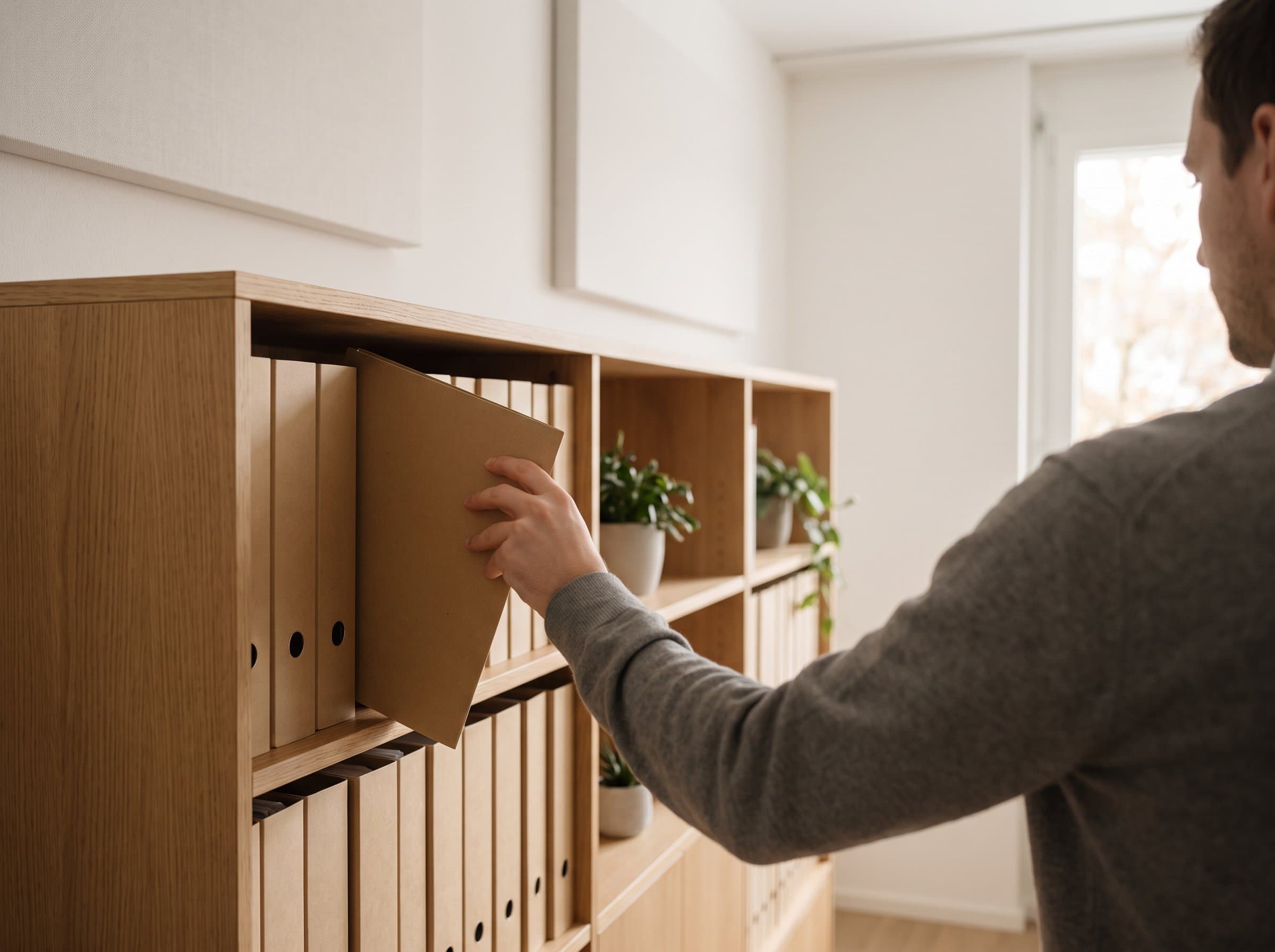 Eine Wand mit nummerierten Fächern, in einigen liegen gerollte Pläne