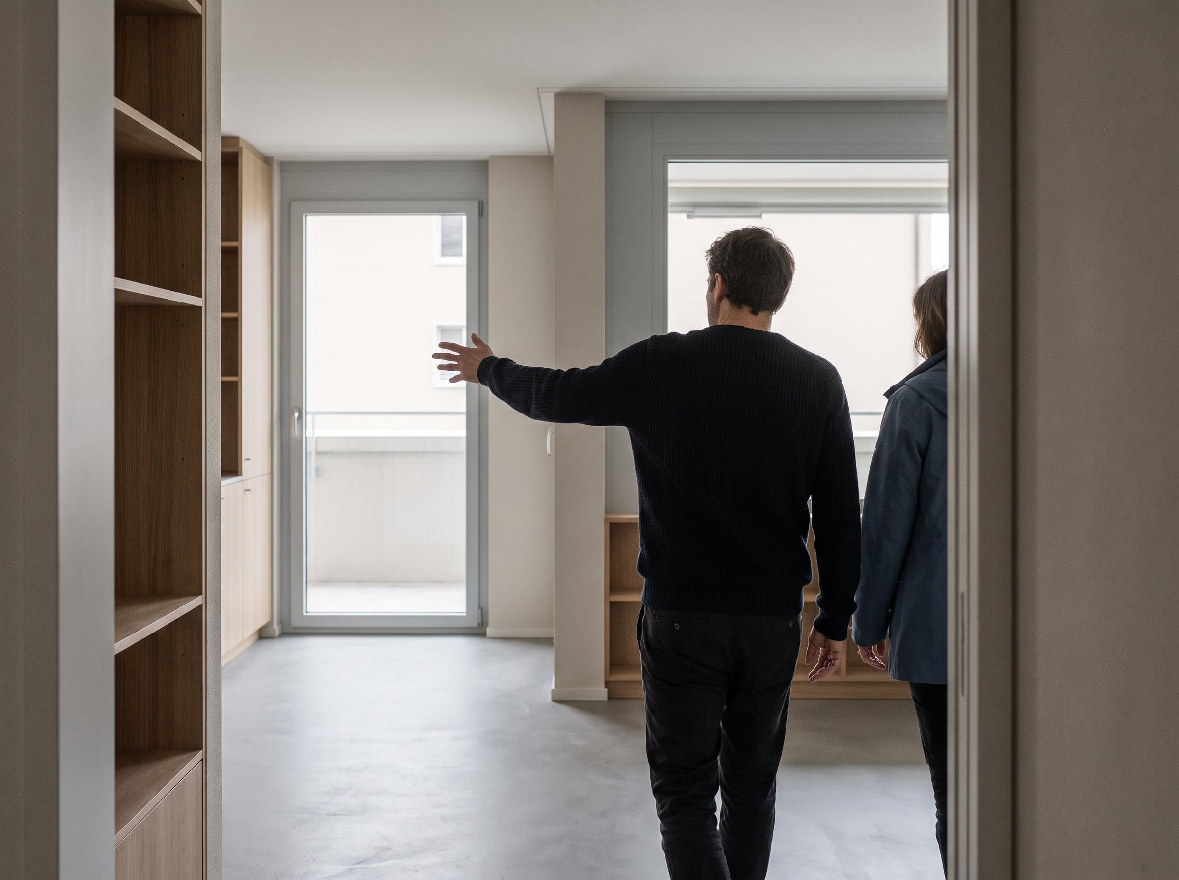 Ein Korridor mit offenen, leeren Einbauschränken, Licht aus dem Wohnzimmer